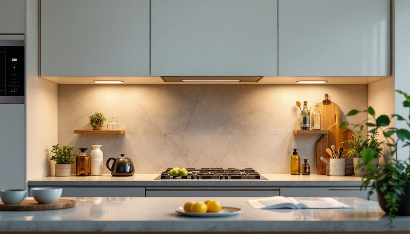A photograph of an elegantly designed under-counter kitchen lighting setup