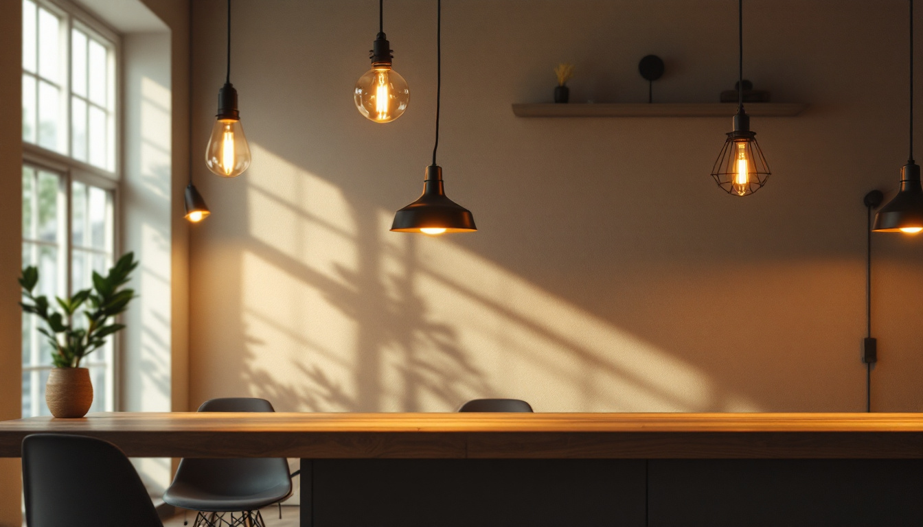 A photograph of a well-lit commercial space showcasing various lighting fixtures in use