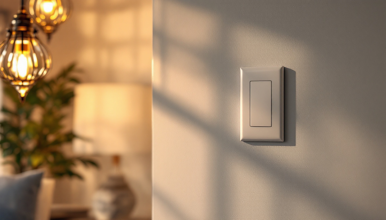 A photograph of a stylishly designed wall switch plate cover in a well-lit room setting
