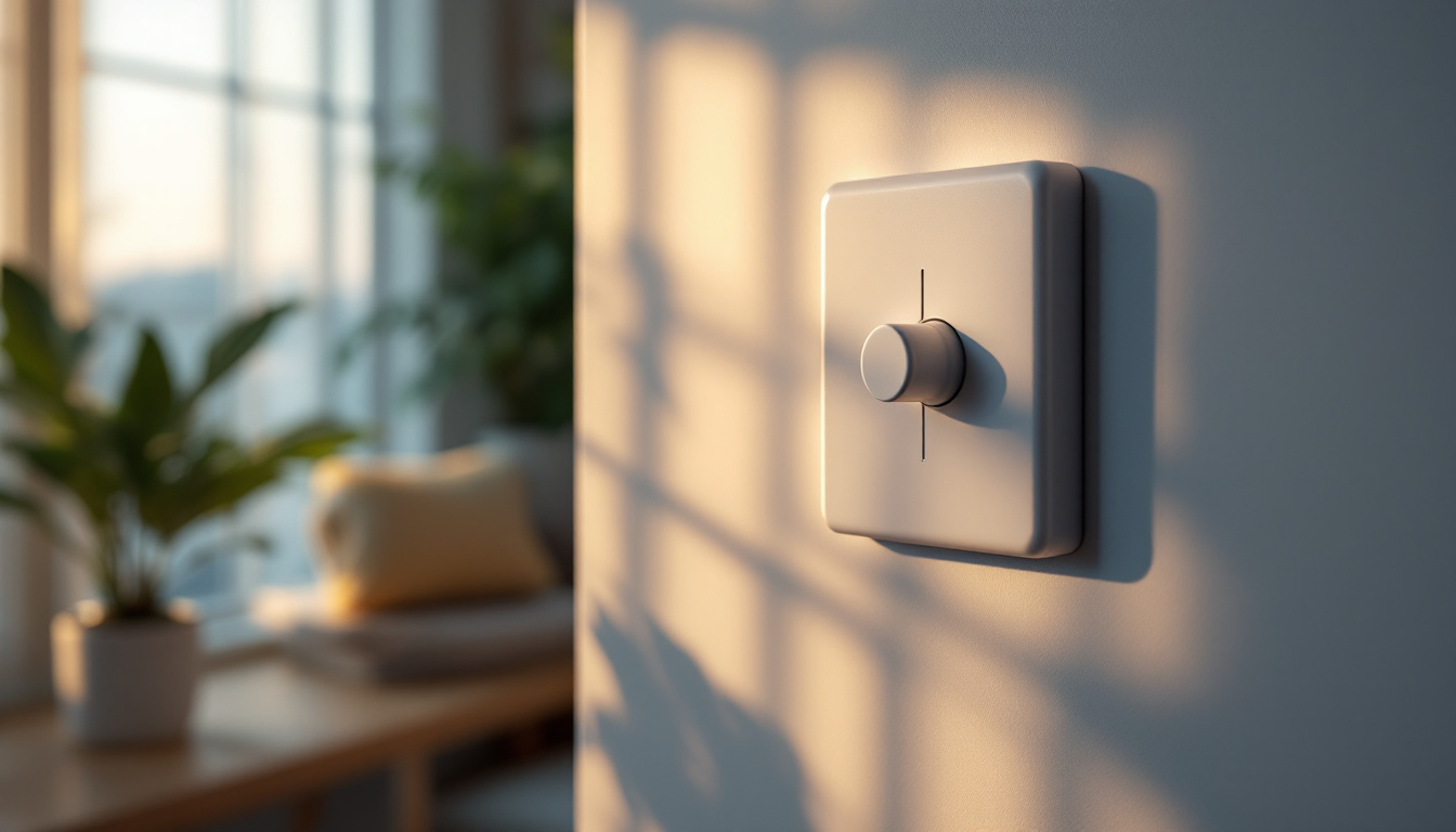 A photograph of a close-up of a modern adjustable light switch in an aesthetically pleasing interior setting