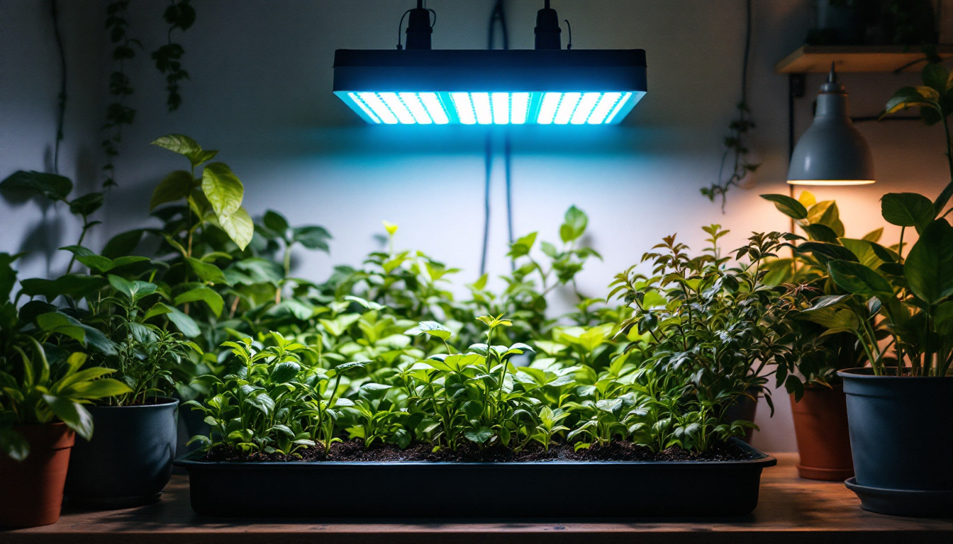 A photograph of a well-lit indoor gardening setup featuring various grow lights illuminating healthy plants