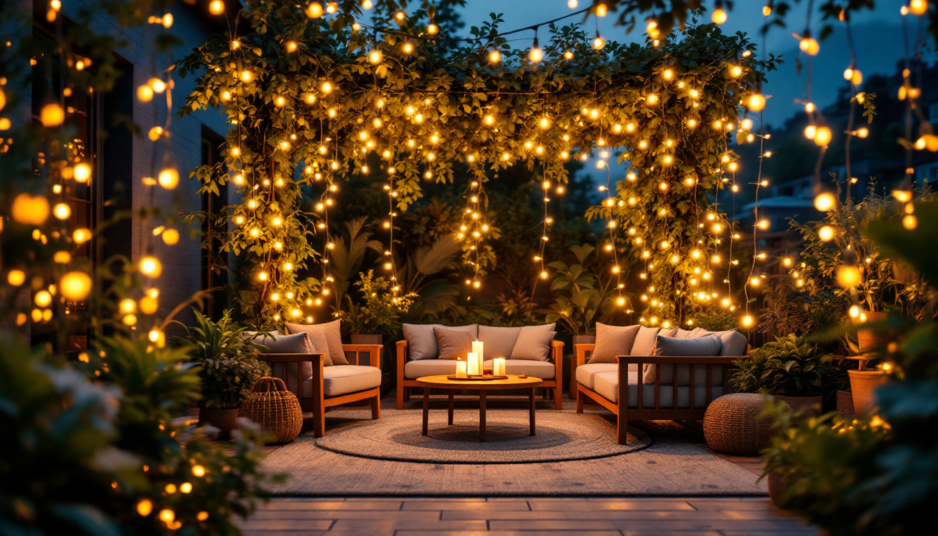 A photograph of a beautifully arranged outdoor setting illuminated by warm white string lights