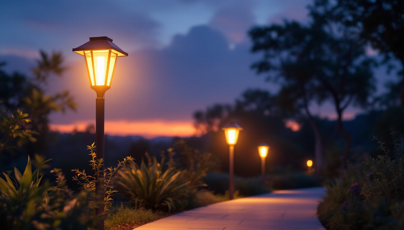 A photograph of a beautifully lit solar lamp post in an outdoor setting during twilight