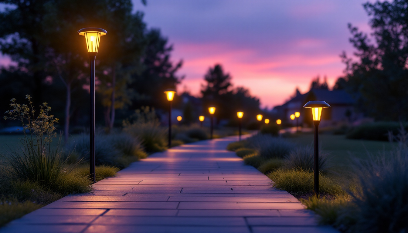 A photograph of a beautifully lit pathway featuring various styles of solar sidewalk lights in a serene outdoor setting during twilight