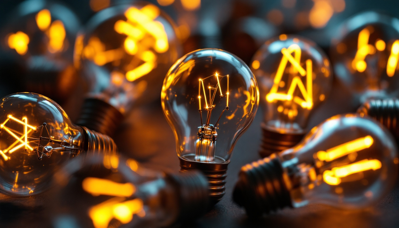 A photograph of a close-up shot of various light bulbs with pins