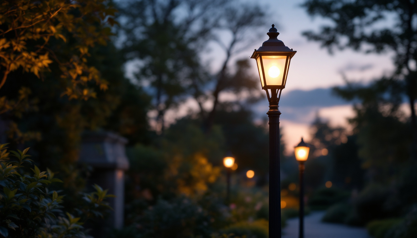 A photograph of a beautifully designed outdoor lamp post illuminated at dusk