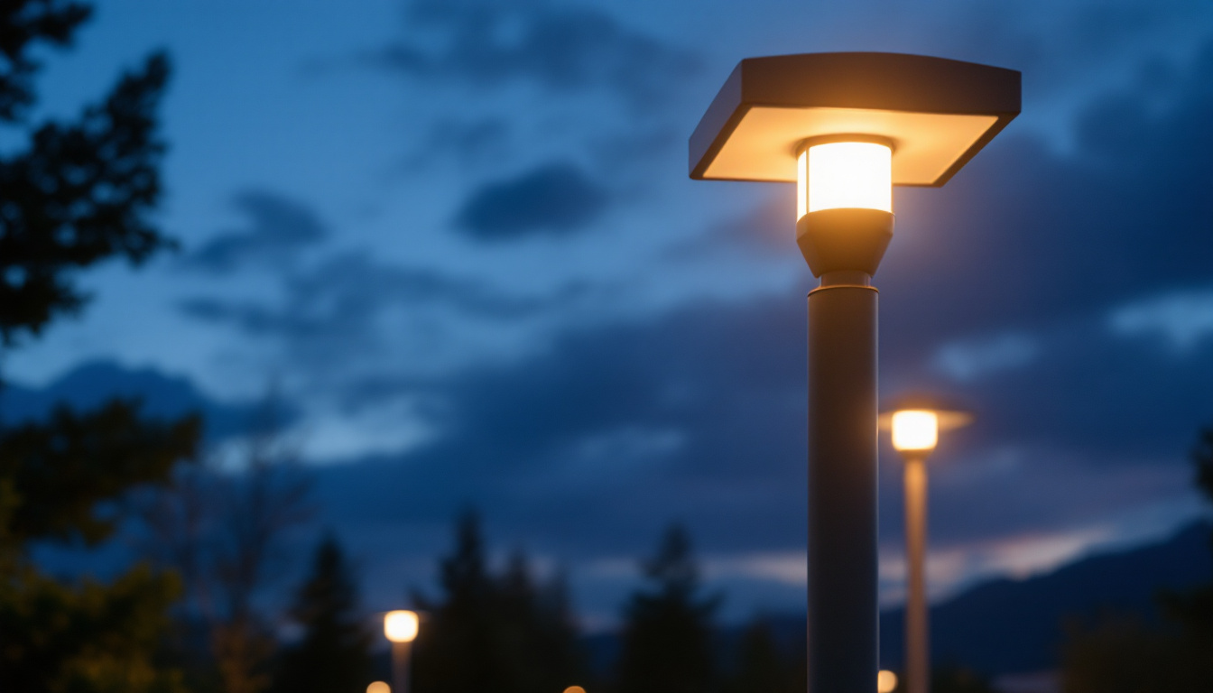 A photograph of a fiberglass light post illuminated at dusk