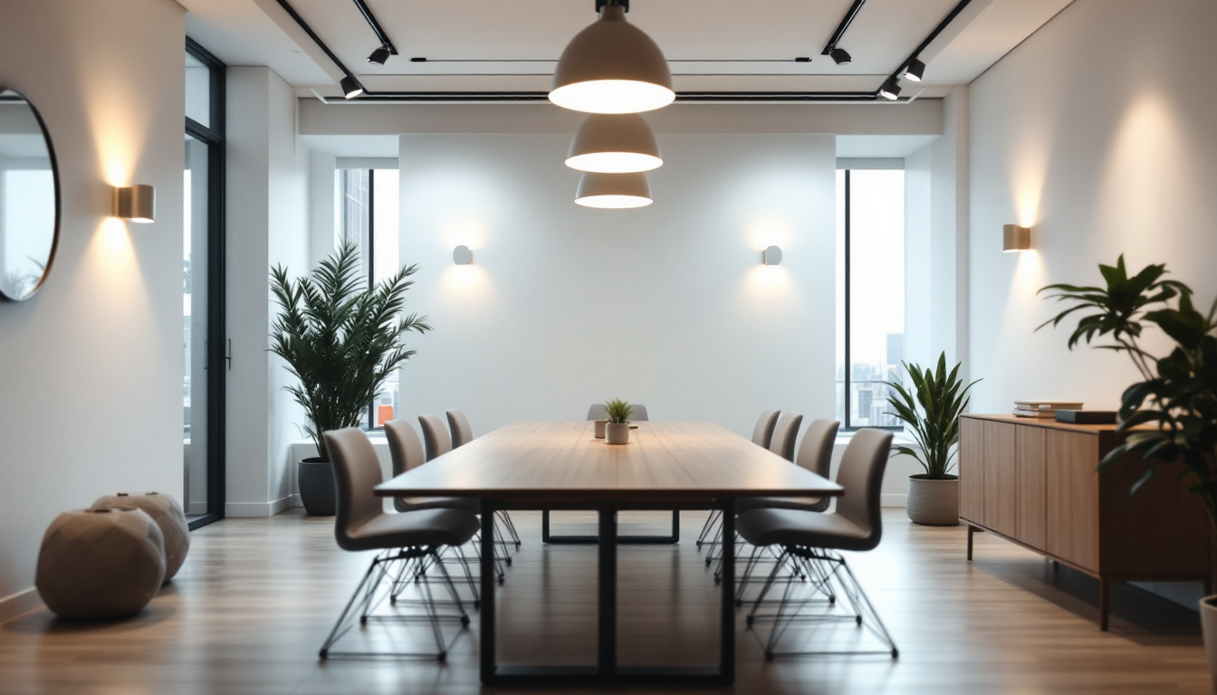 A photograph of a modern meeting room with well-designed lighting features