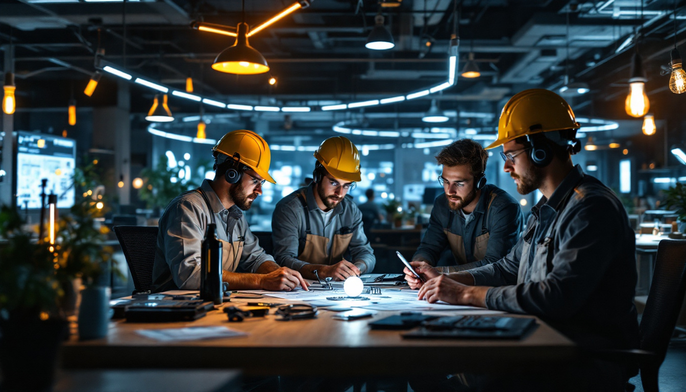 A photograph of a dynamic scene showcasing a team of electrical engineers collaborating on innovative lighting solutions