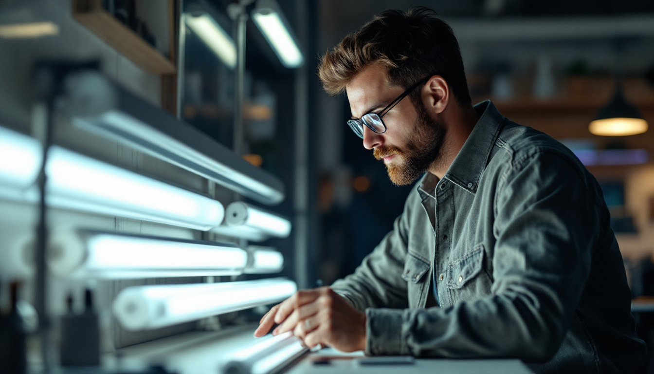 A photograph of a lighting engineer analyzing various fluorescent tube sizes and their effects on illumination in a well-lit workspace