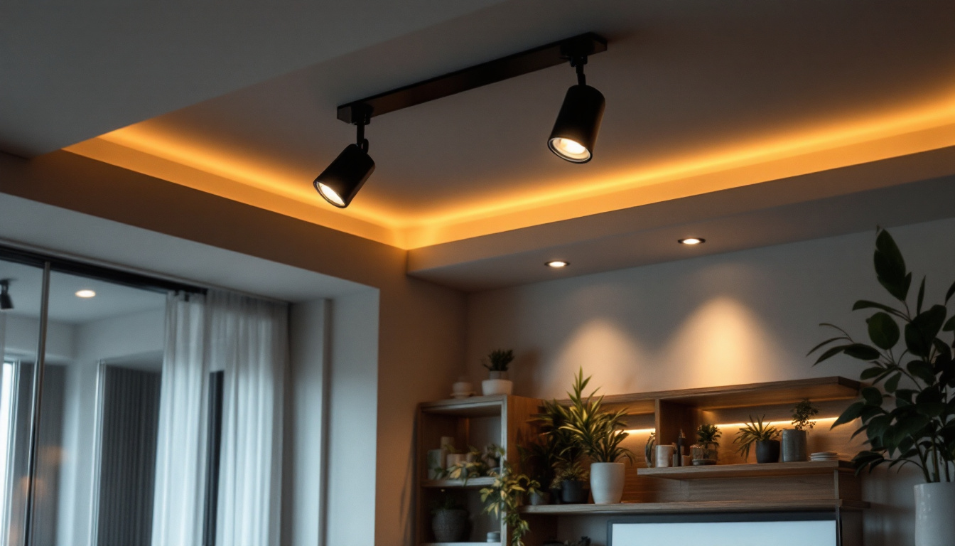 A photograph of a modern interior space showcasing recessed spotlights in action