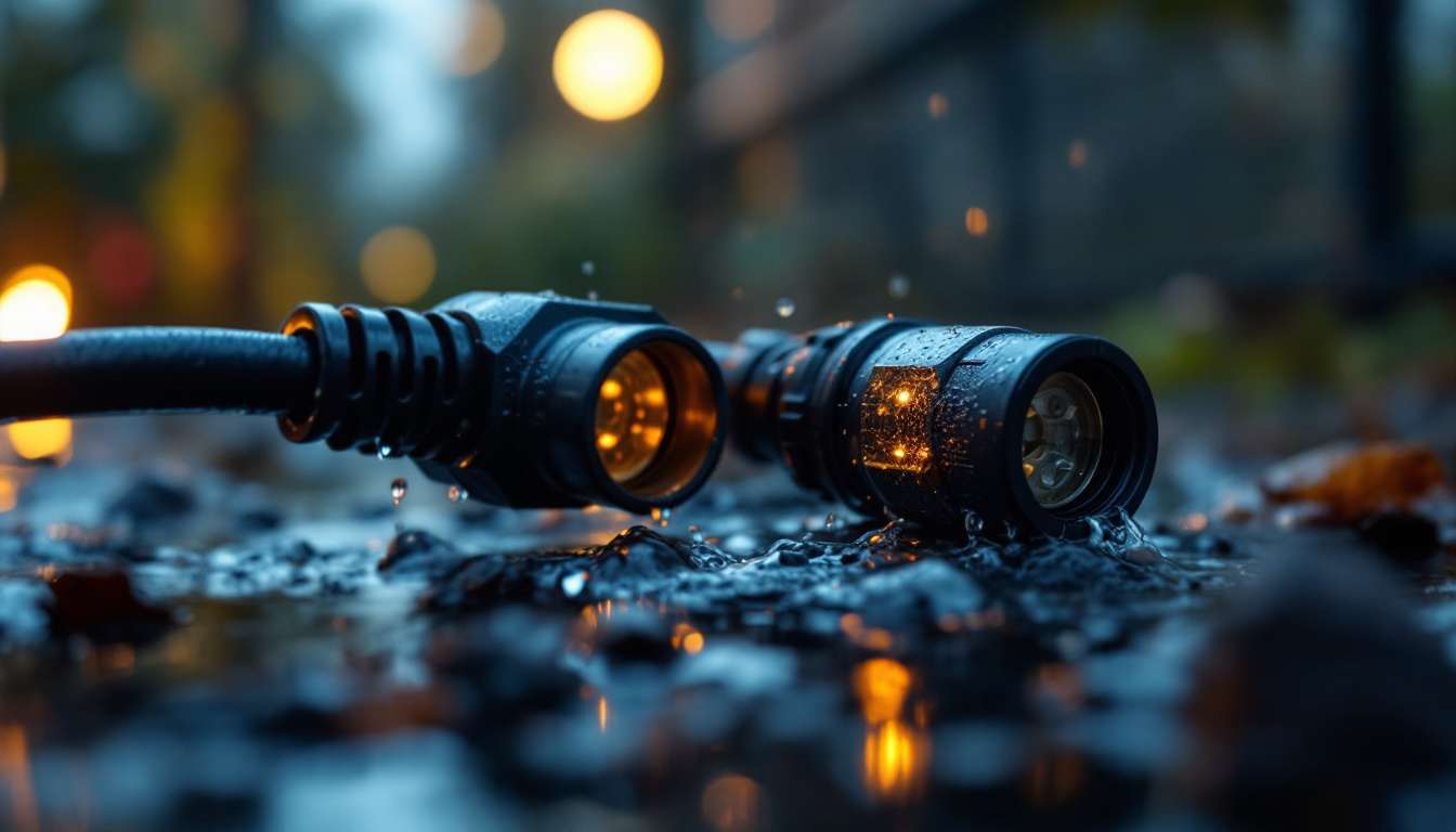 A photograph of a close-up of waterproof electrical cord connectors in use outdoors