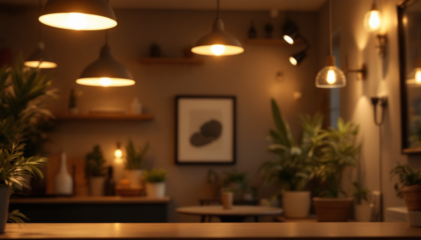 A photograph of a well-lit interior space showcasing various lighting fixtures