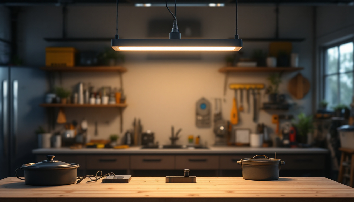A photograph of a well-lit workshop or garage setting showcasing a 4 ft led shop light hardwired above a workbench