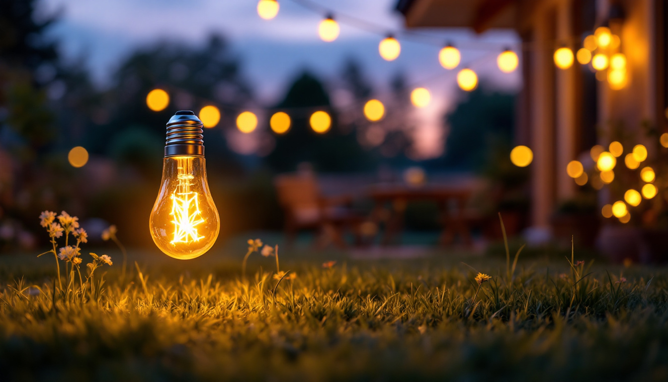 A photograph of a beautifully illuminated outdoor space featuring solar light bulbs in action