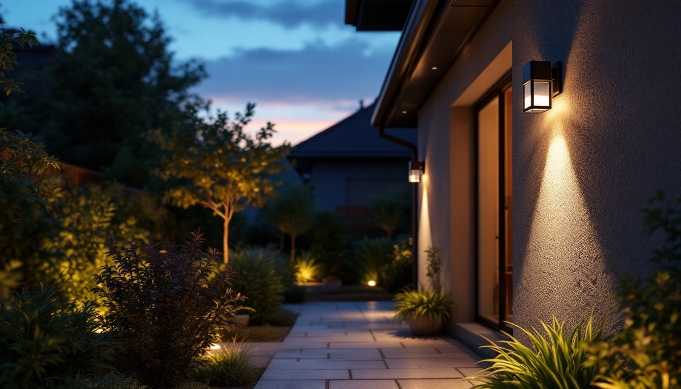 A photograph of capture a photograph of a beautifully illuminated outdoor space featuring solar wall mount lights in use