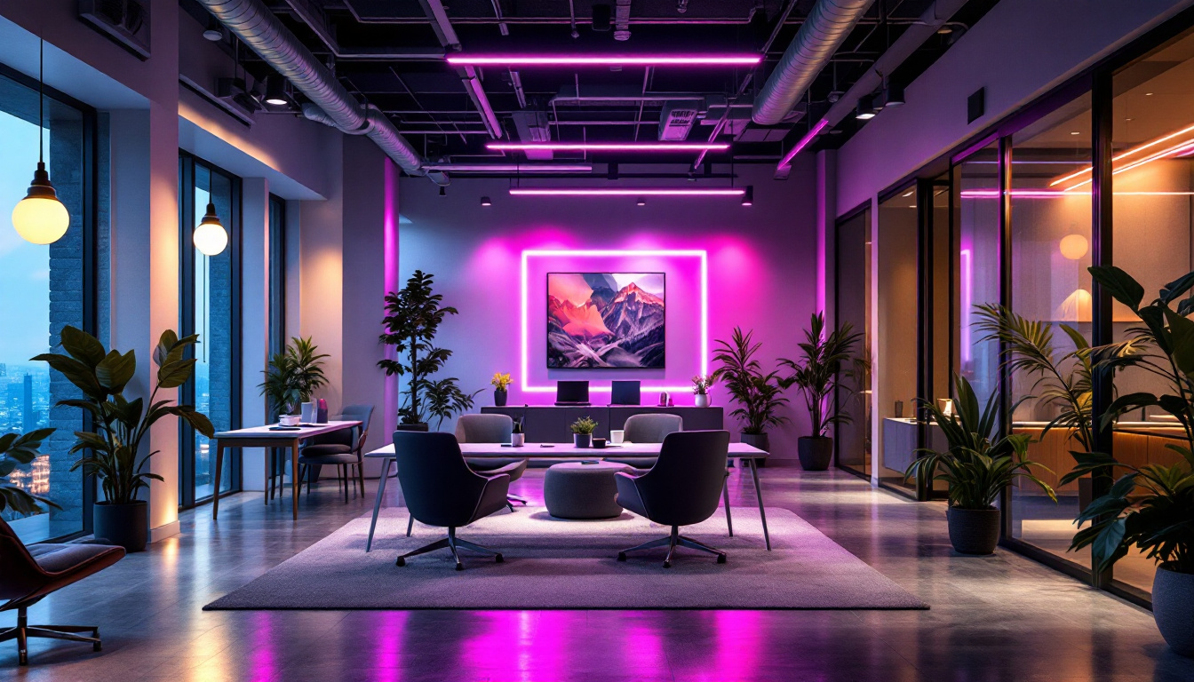 A photograph of a modern office space illuminated by various led lighting options