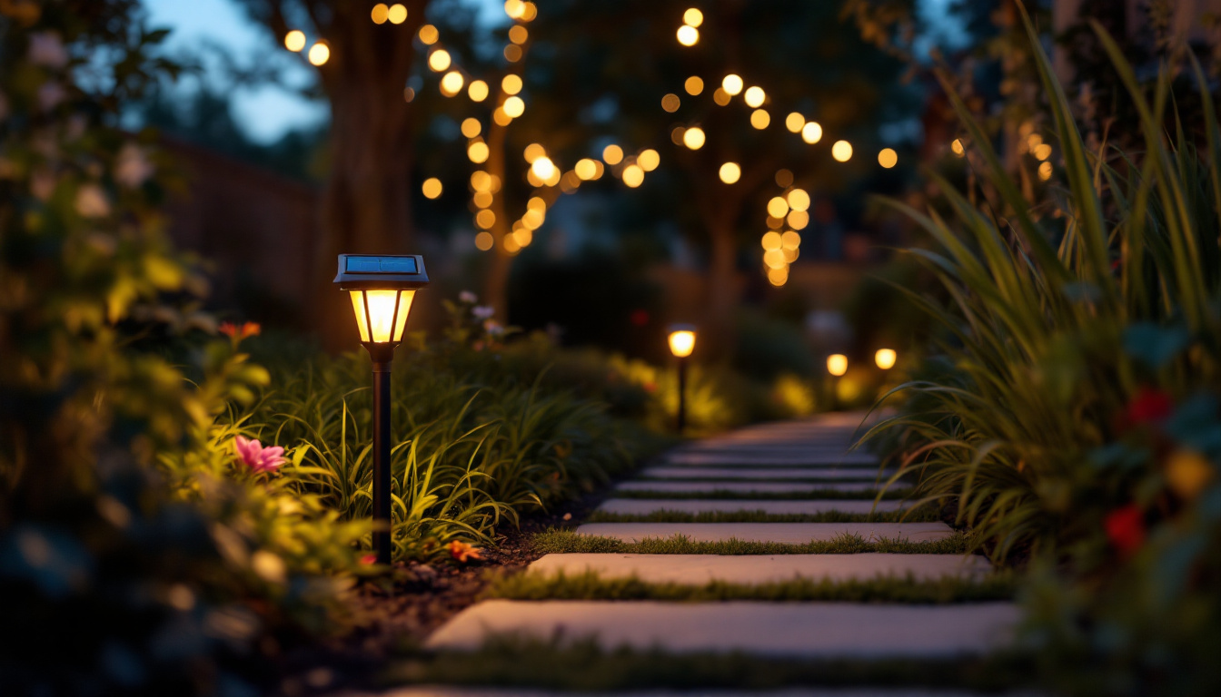 A photograph of a cozy outdoor scene featuring small solar lights illuminating a garden pathway at dusk