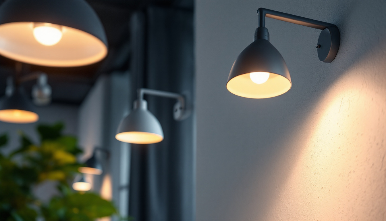 A photograph of a well-lit interior space showcasing various light fixtures mounted with stylish brackets