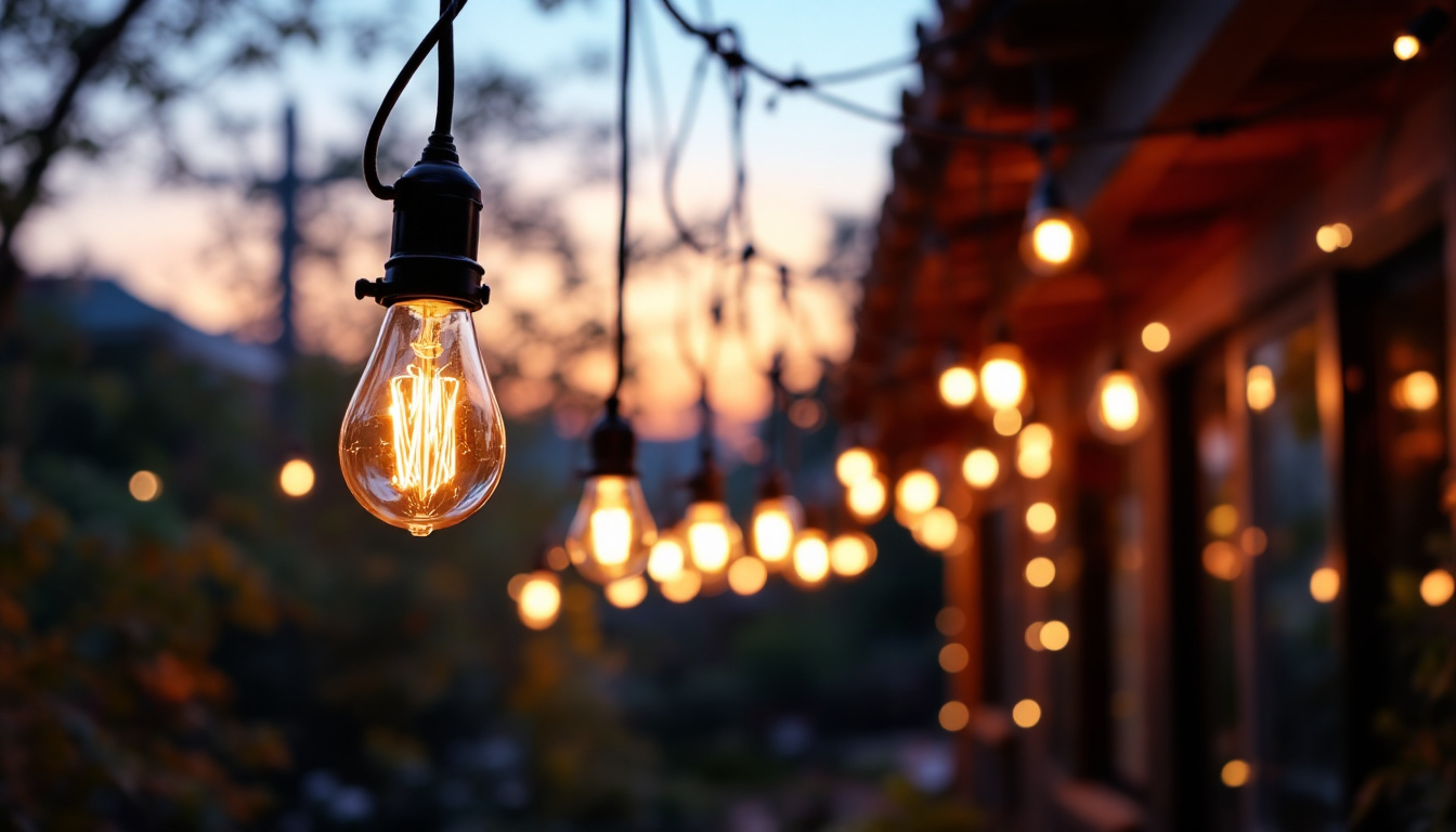 A photograph of a beautifully illuminated outdoor space featuring led hanging lights