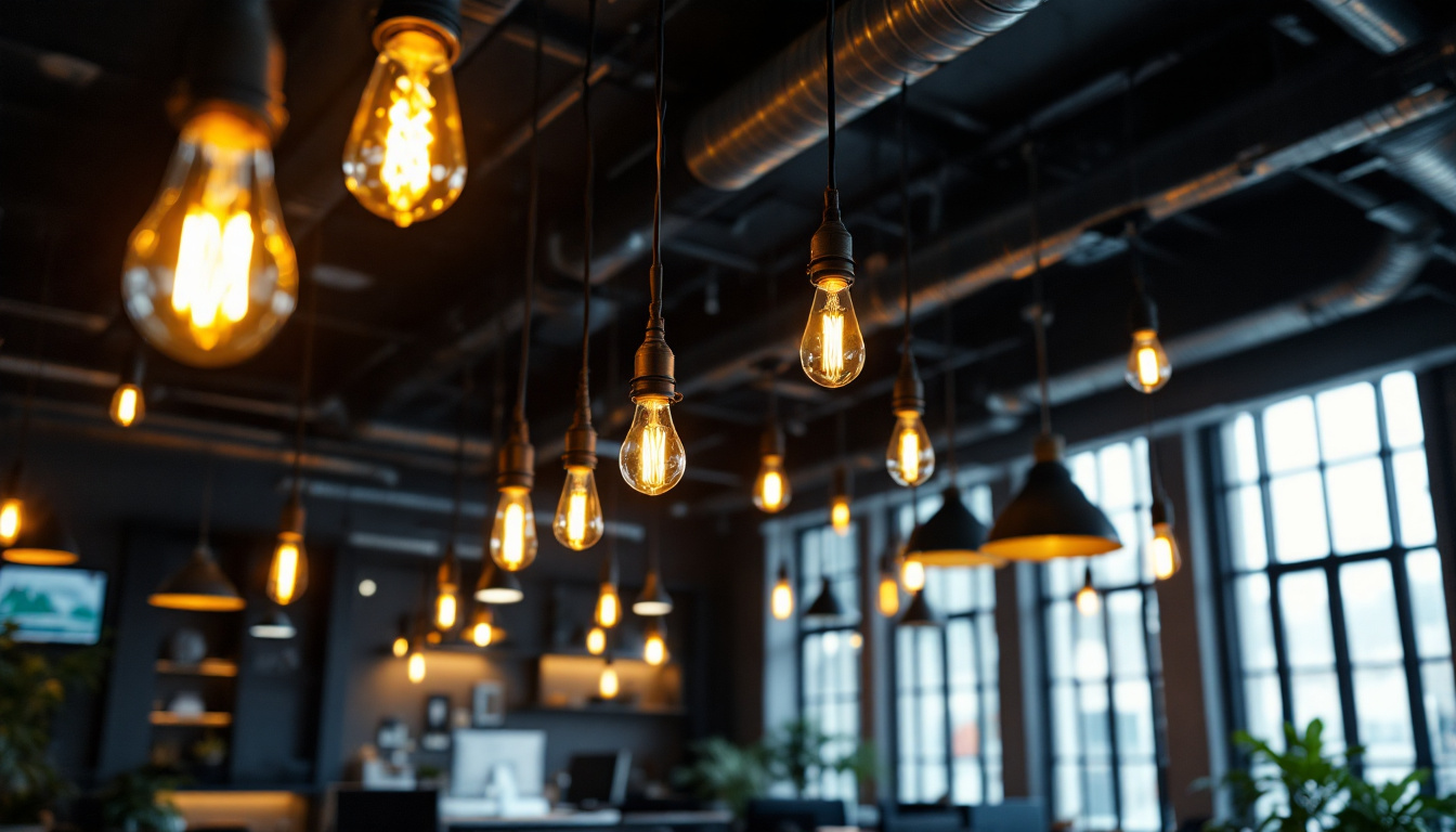 A photograph of a modern office space showcasing a contrast between industrial lighting elements