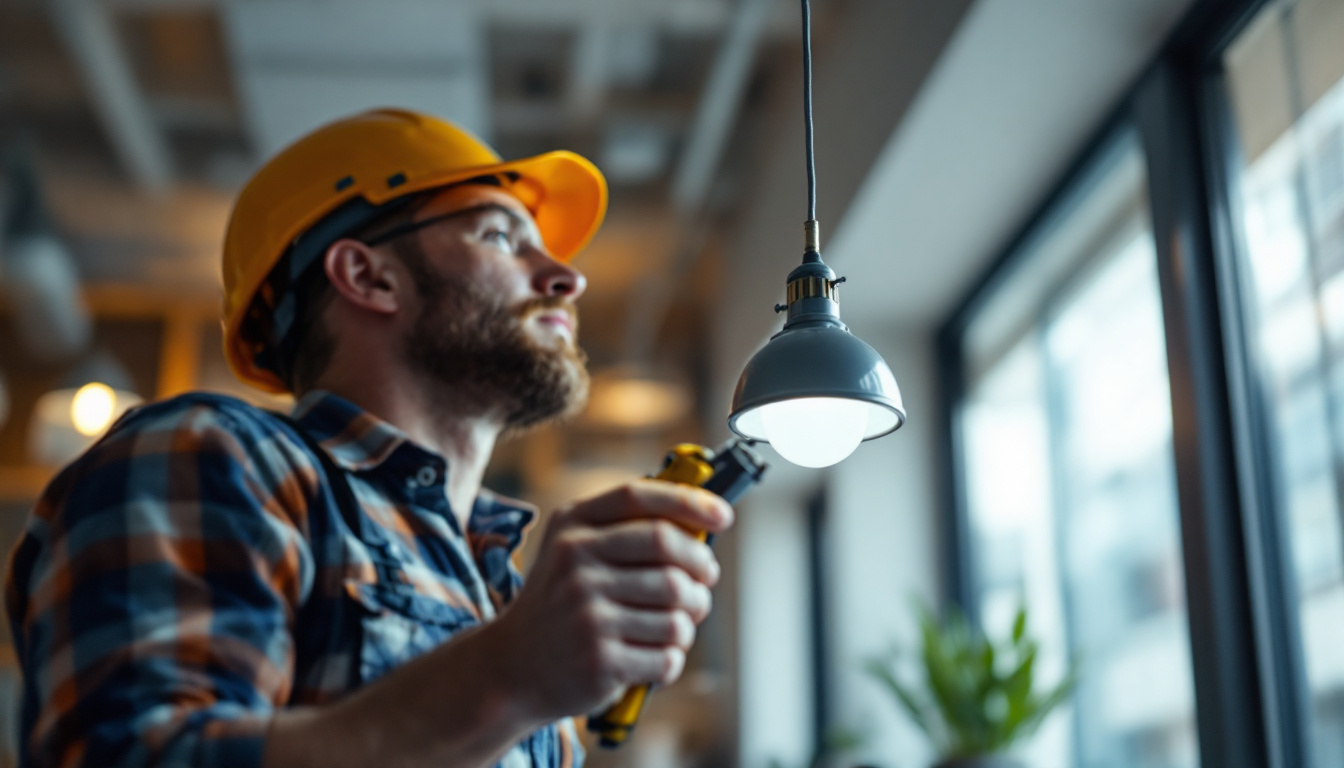 A photograph of a close-up shot of an electrician replacing traditional canned lights with sleek led fixtures