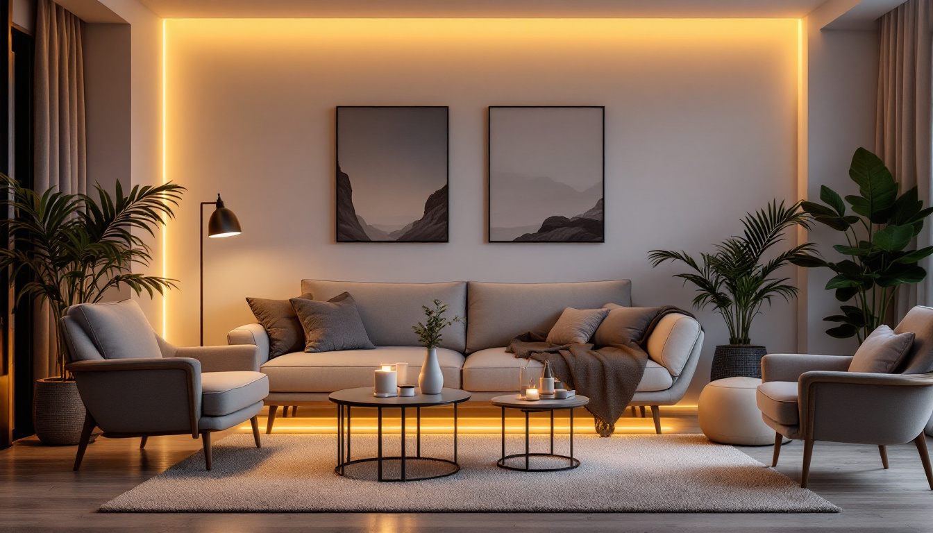 A photograph of a beautifully arranged scene showcasing a 110v led tape light installed in a stylish interior setting