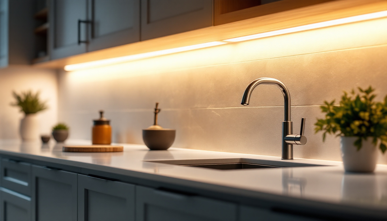 A photograph of a beautifully designed kitchen showcasing under cabinet led lighting in action