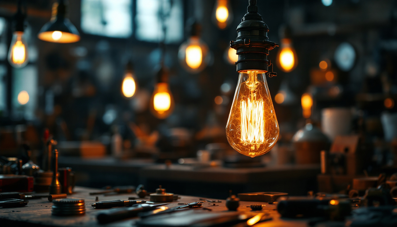 A photograph of a vintage lighting fixture in a well-lit workshop setting