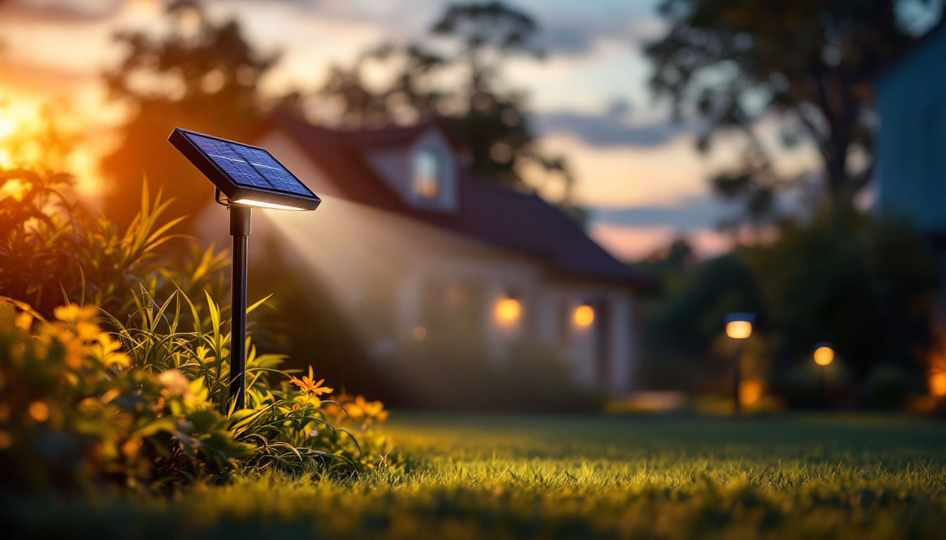 A photograph of a well-lit outdoor scene featuring solar spotlights illuminating a garden or pathway at dusk