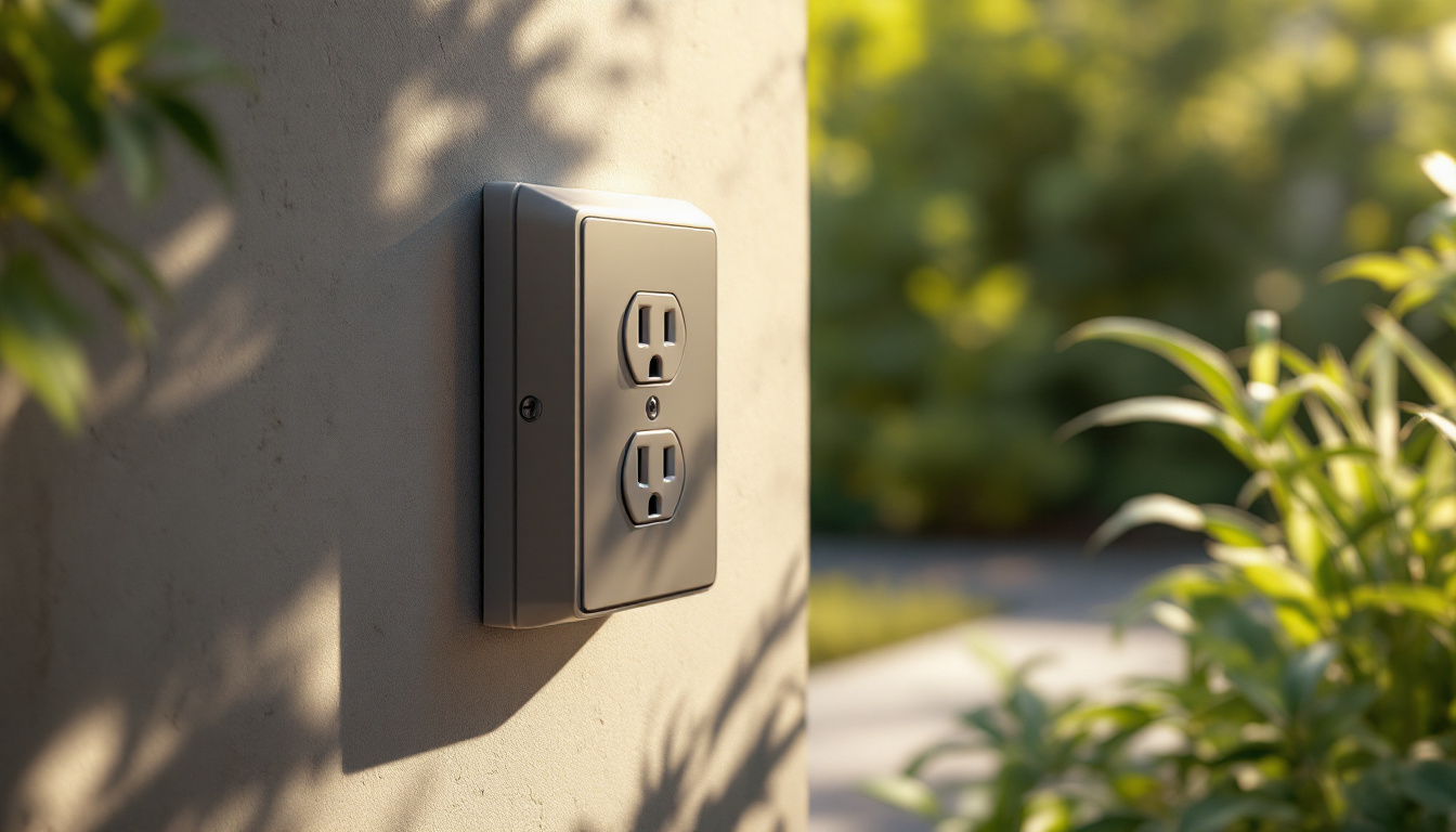 A photograph of a well-installed exterior outlet box cover in an outdoor setting