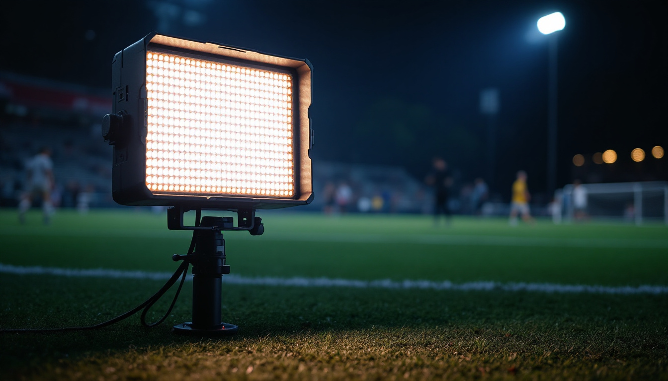 A photograph of a portable stadium light in action during an outdoor event