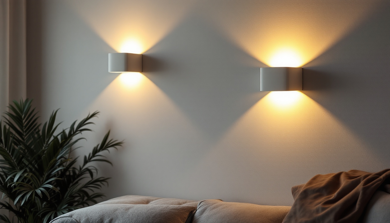 A photograph of a modern interior space featuring stylish wall sconces with led lighting