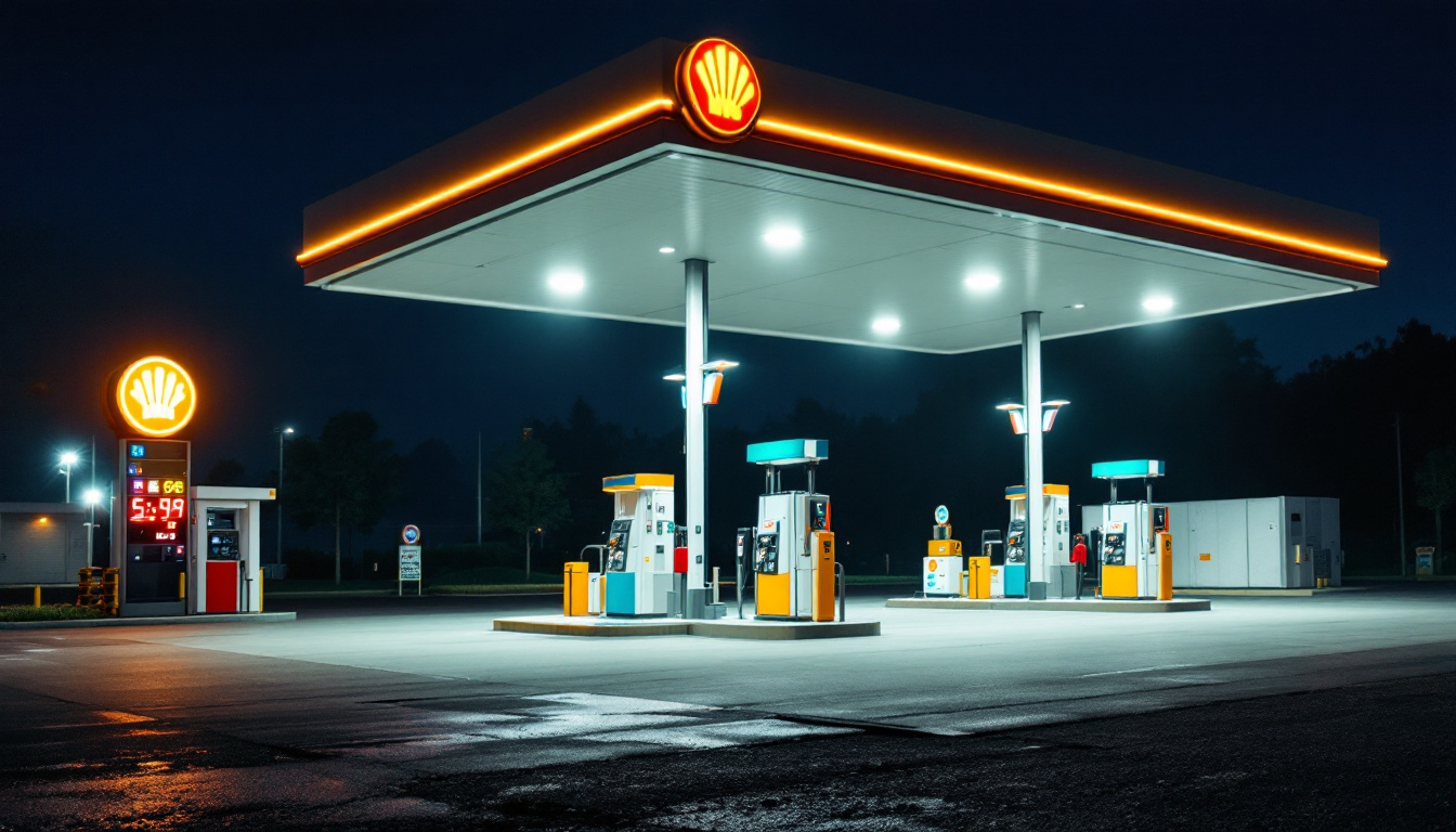 A photograph of a brightly lit gas station at night