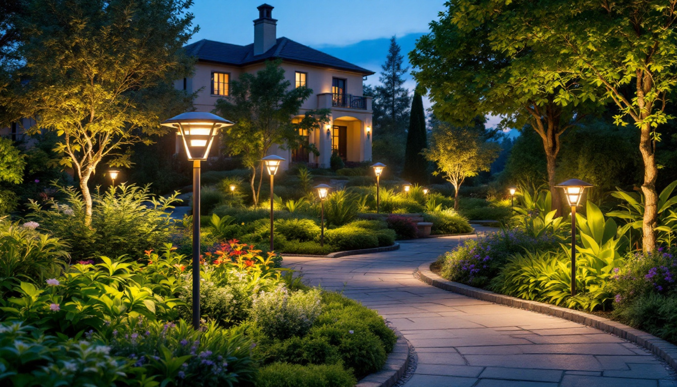 A photograph of a beautifully illuminated garden at dusk