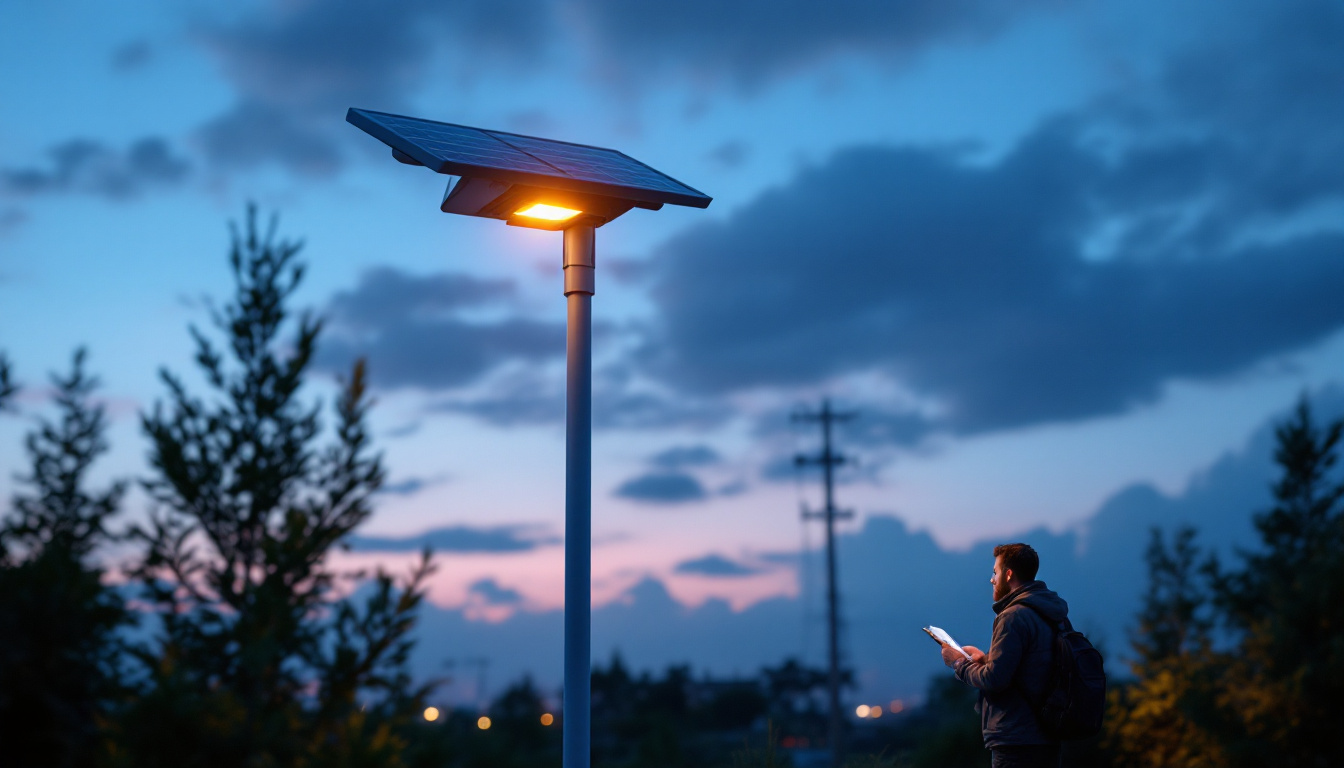 A photograph of a solar pole light illuminated at dusk