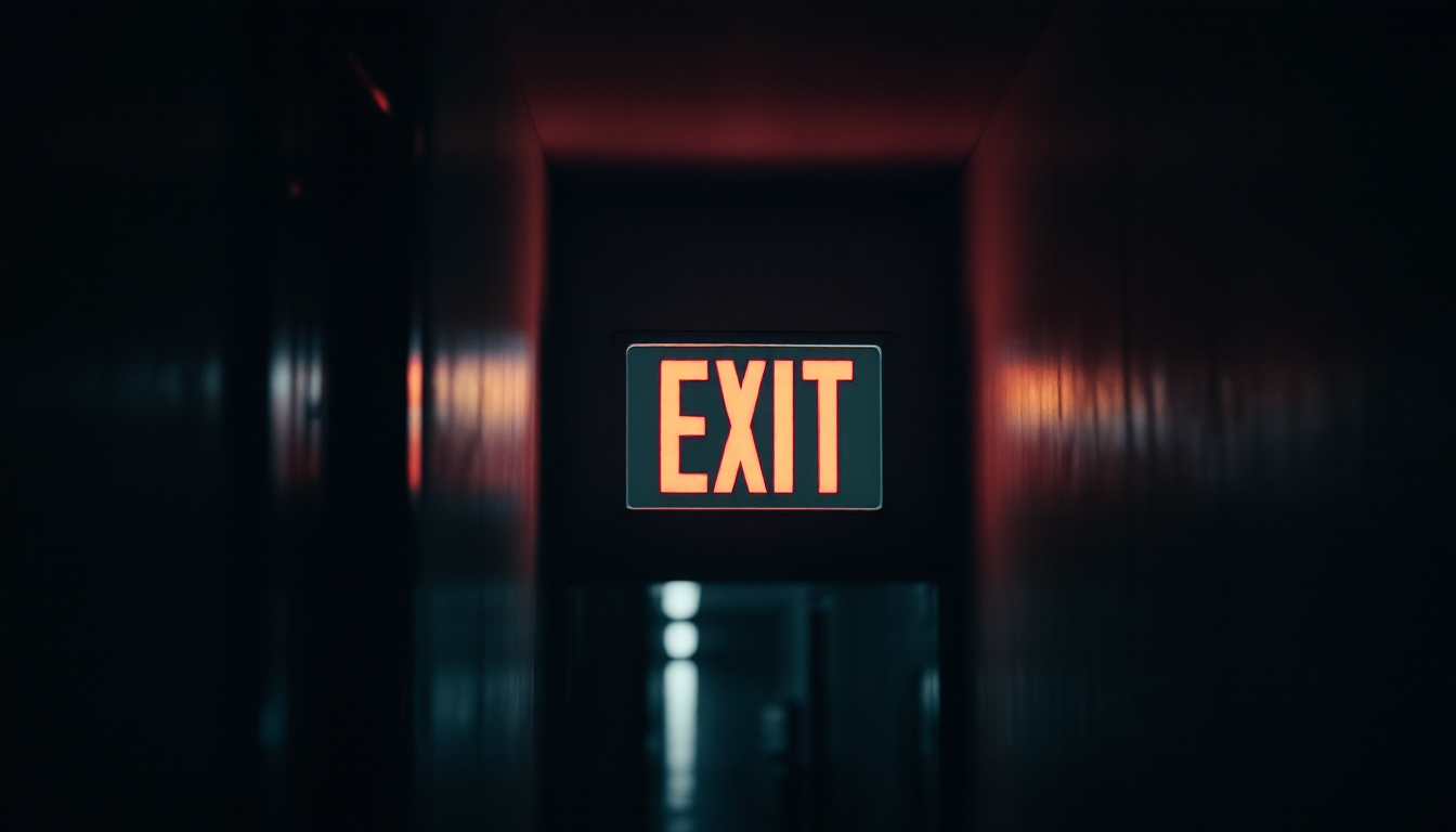 A photograph of a brightly lit exit sign in a dimly lit corridor