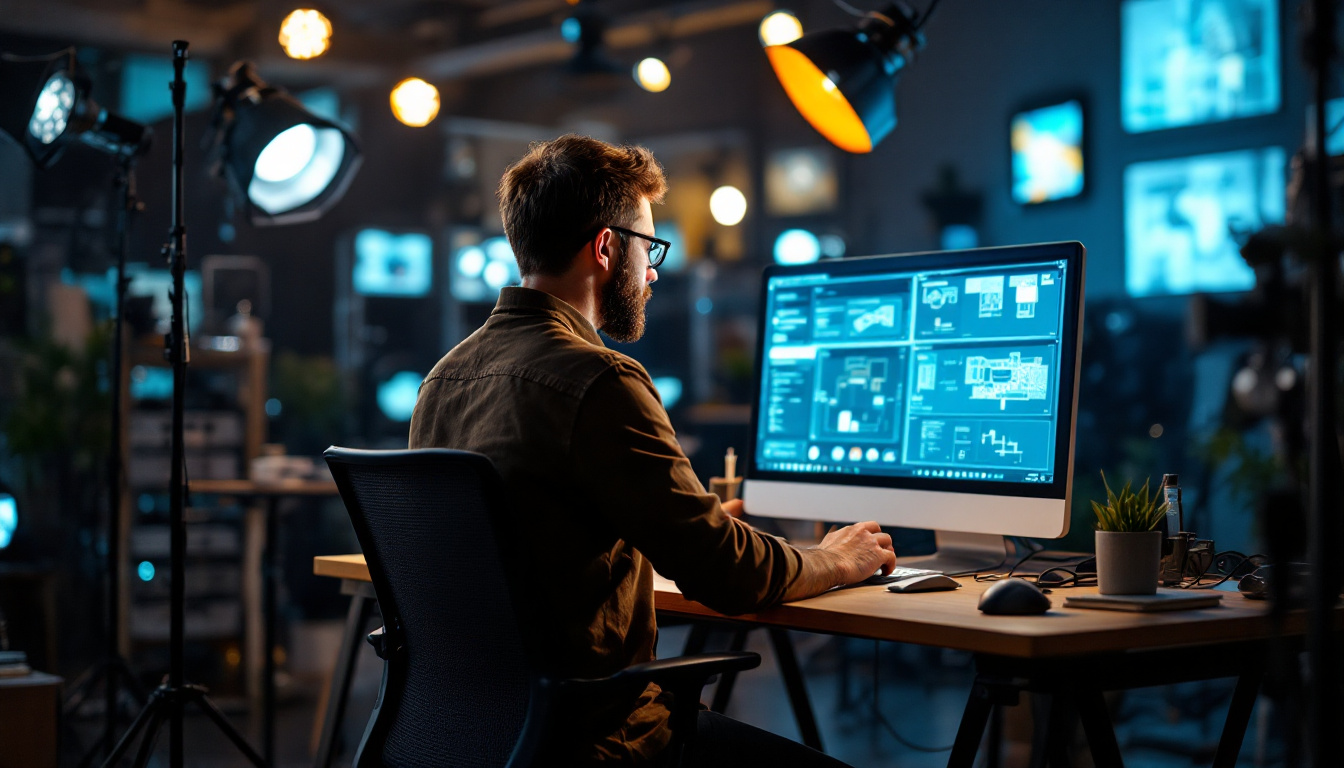 A photograph of a lighting engineer at work in a modern studio