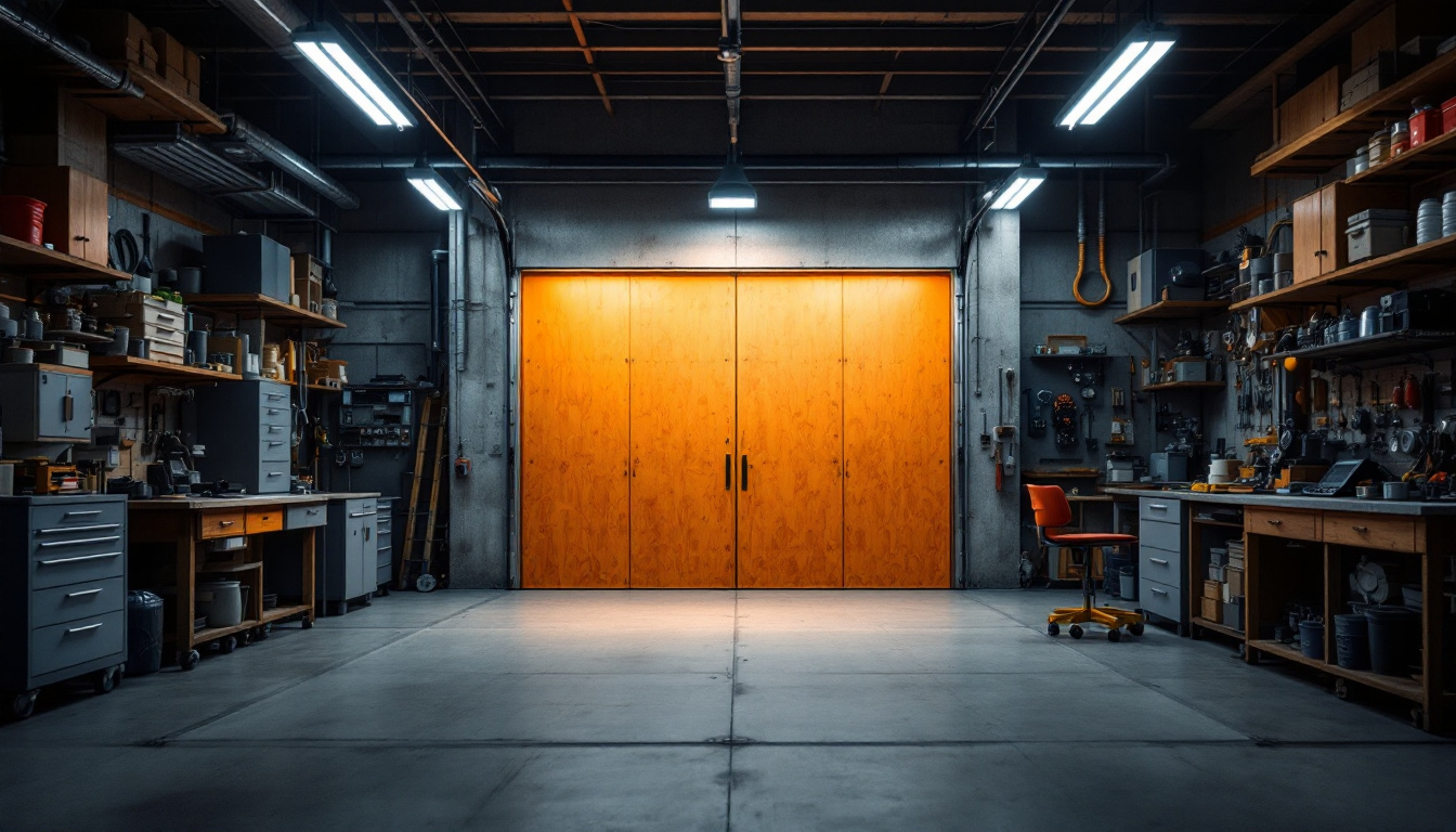 A photograph of a well-lit workshop or garage featuring super bright led shop lights in action