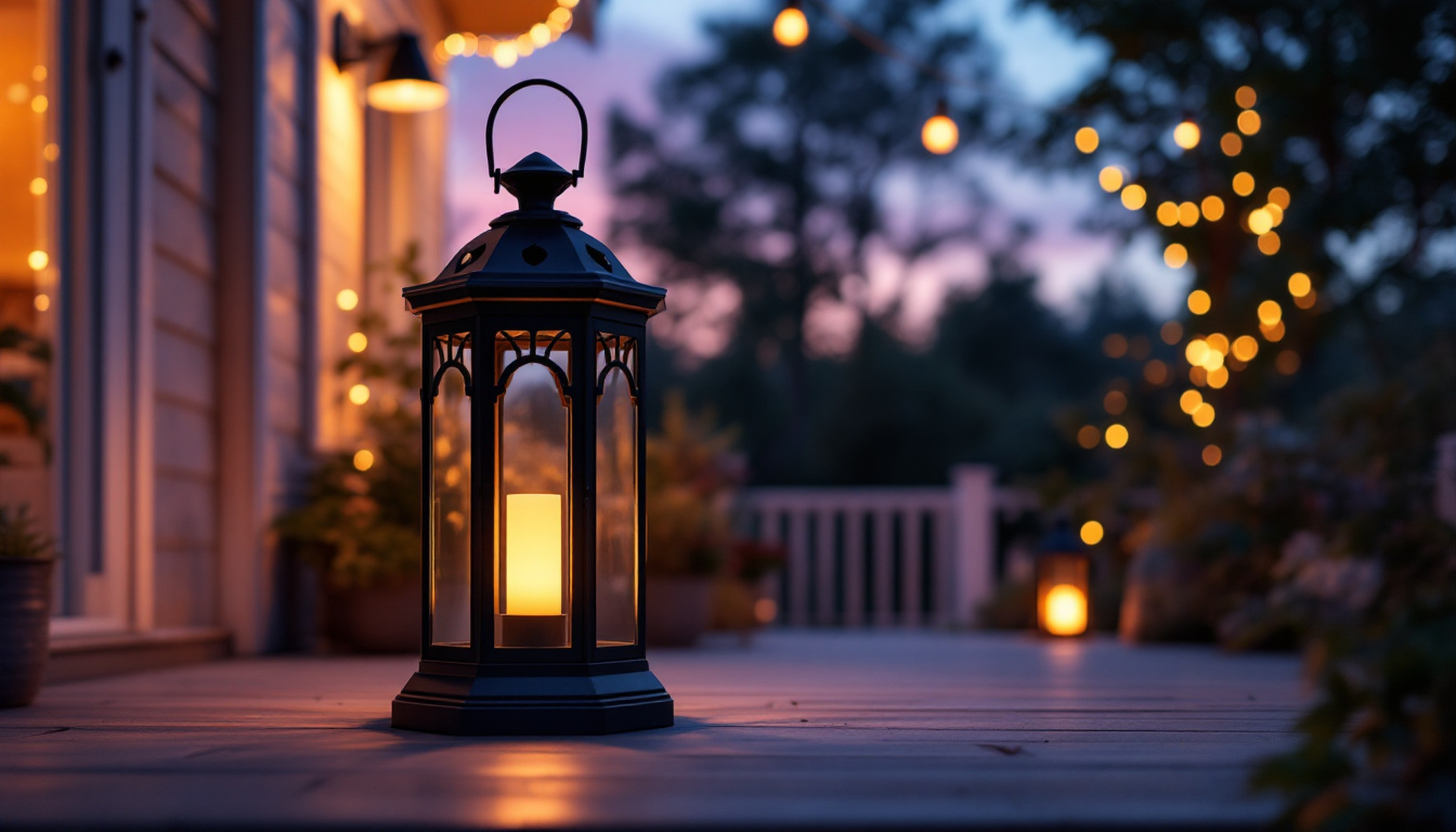 A photograph of a beautifully designed large outdoor lantern on a porch setting during twilight