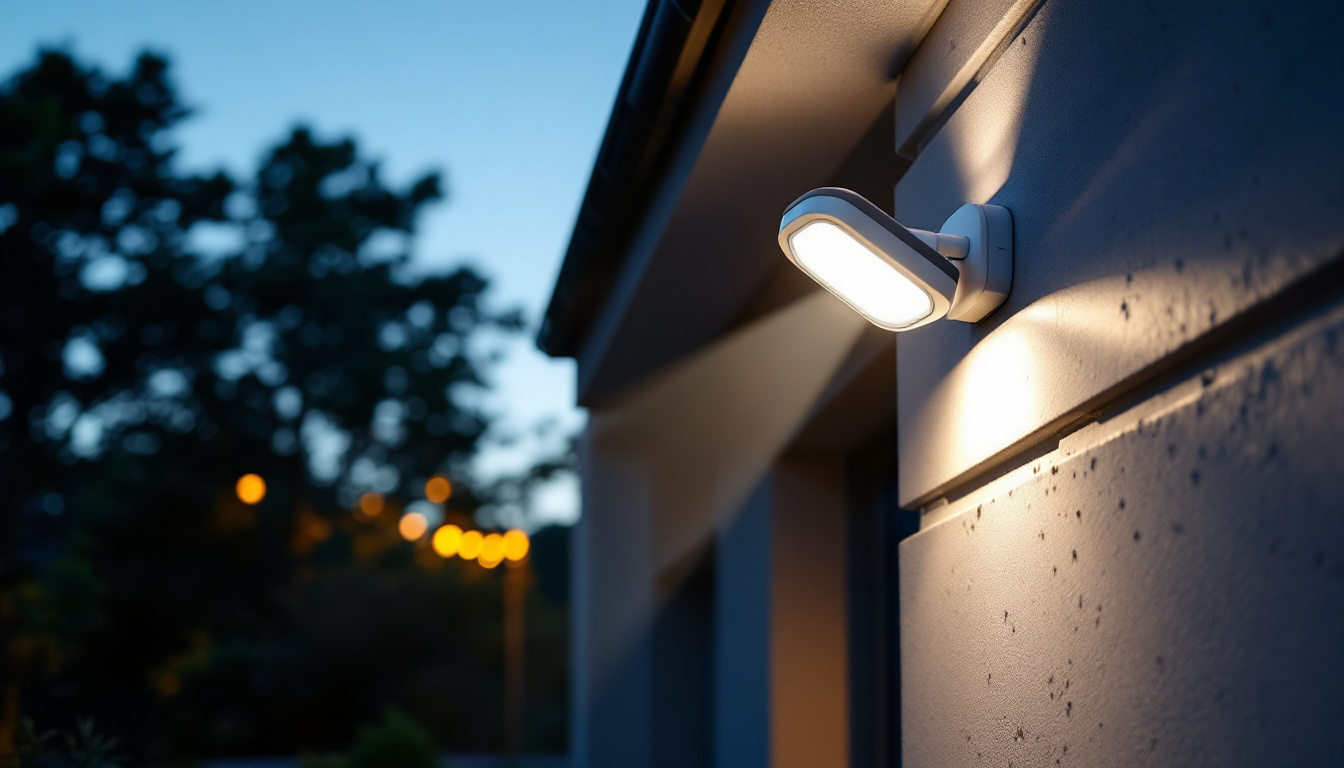 A photograph of a well-lit outdoor area featuring a modern security light installed on a home or building