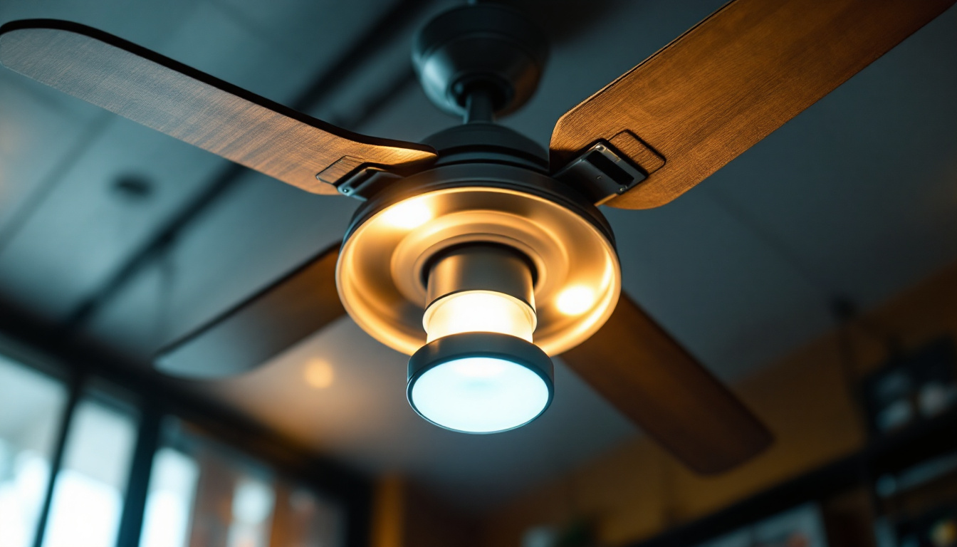 A photograph of a well-lit ceiling fan showcasing its various components