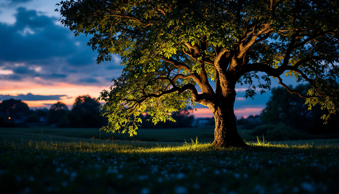 A photograph of a beautifully illuminated tree at dusk