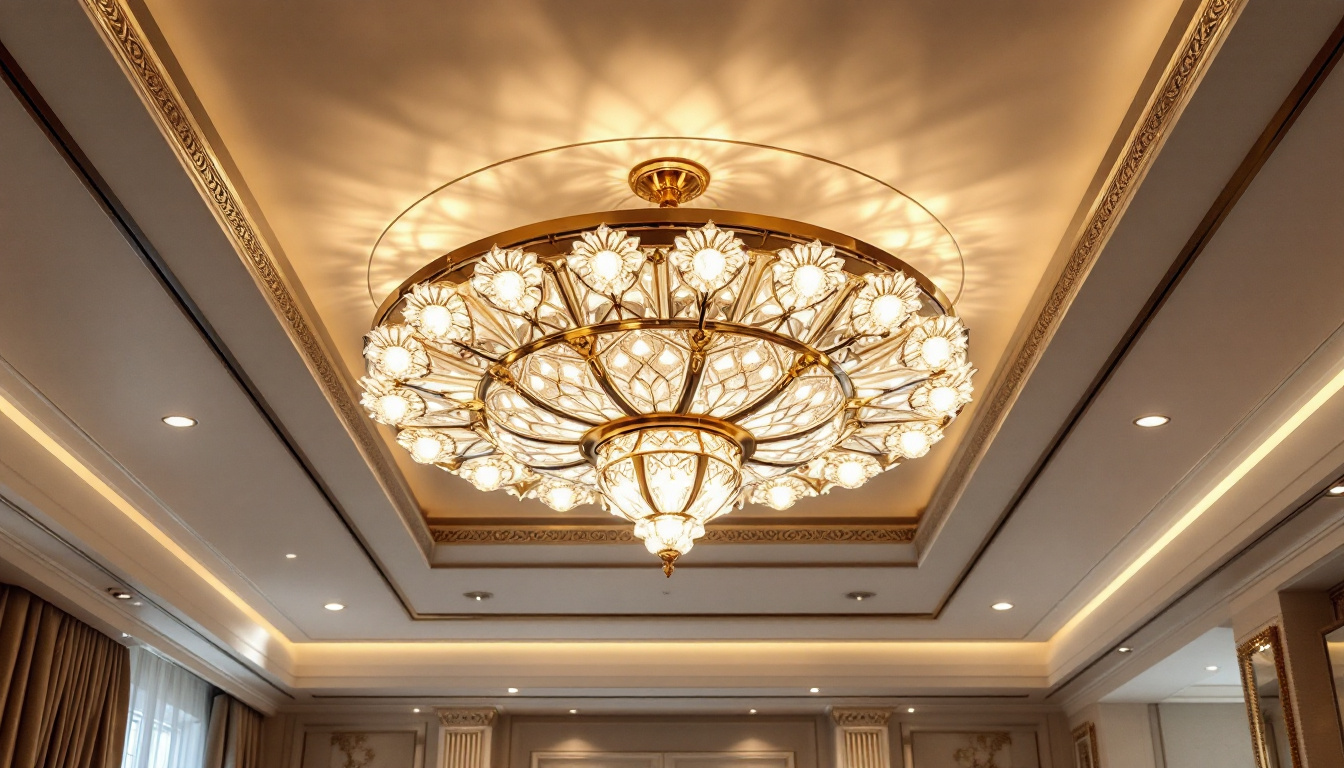 A photograph of a stunning luxury ceiling light fixture in an elegantly designed interior space