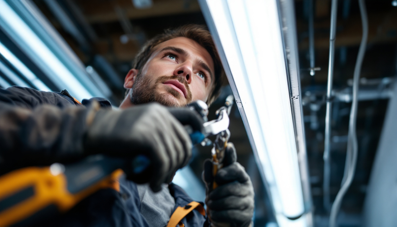 A photograph of a close-up shot of a technician replacing a fluorescent light ballast