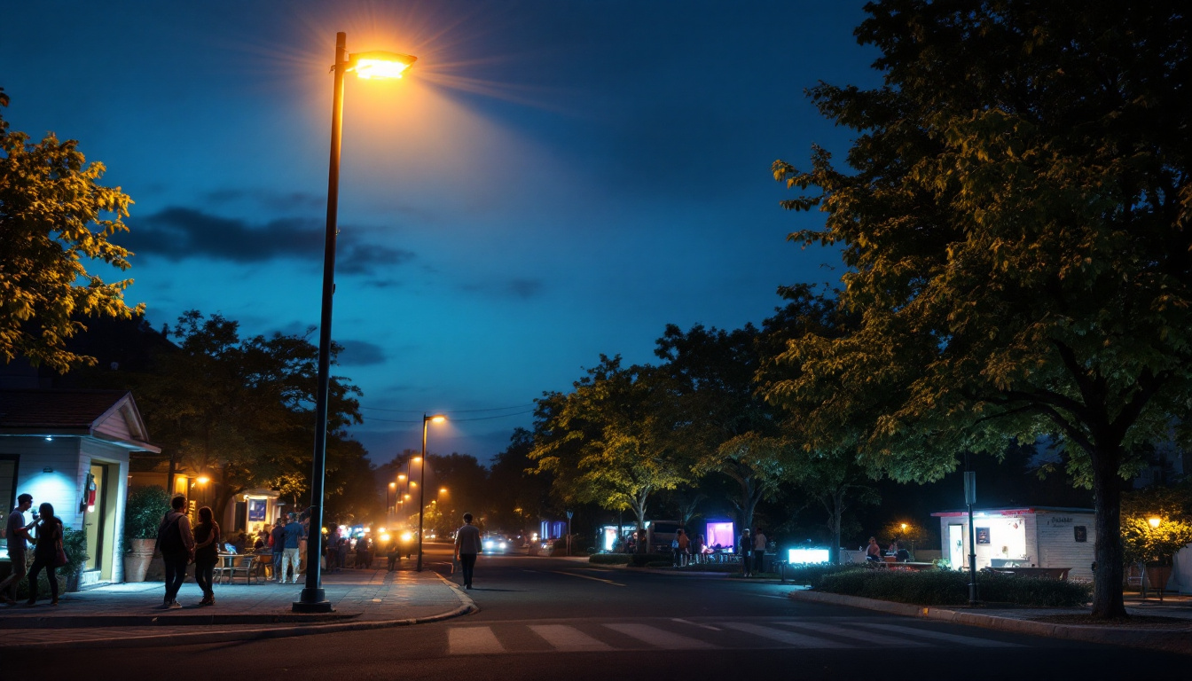 A photograph of a 20-foot light pole illuminating a vibrant outdoor scene at dusk