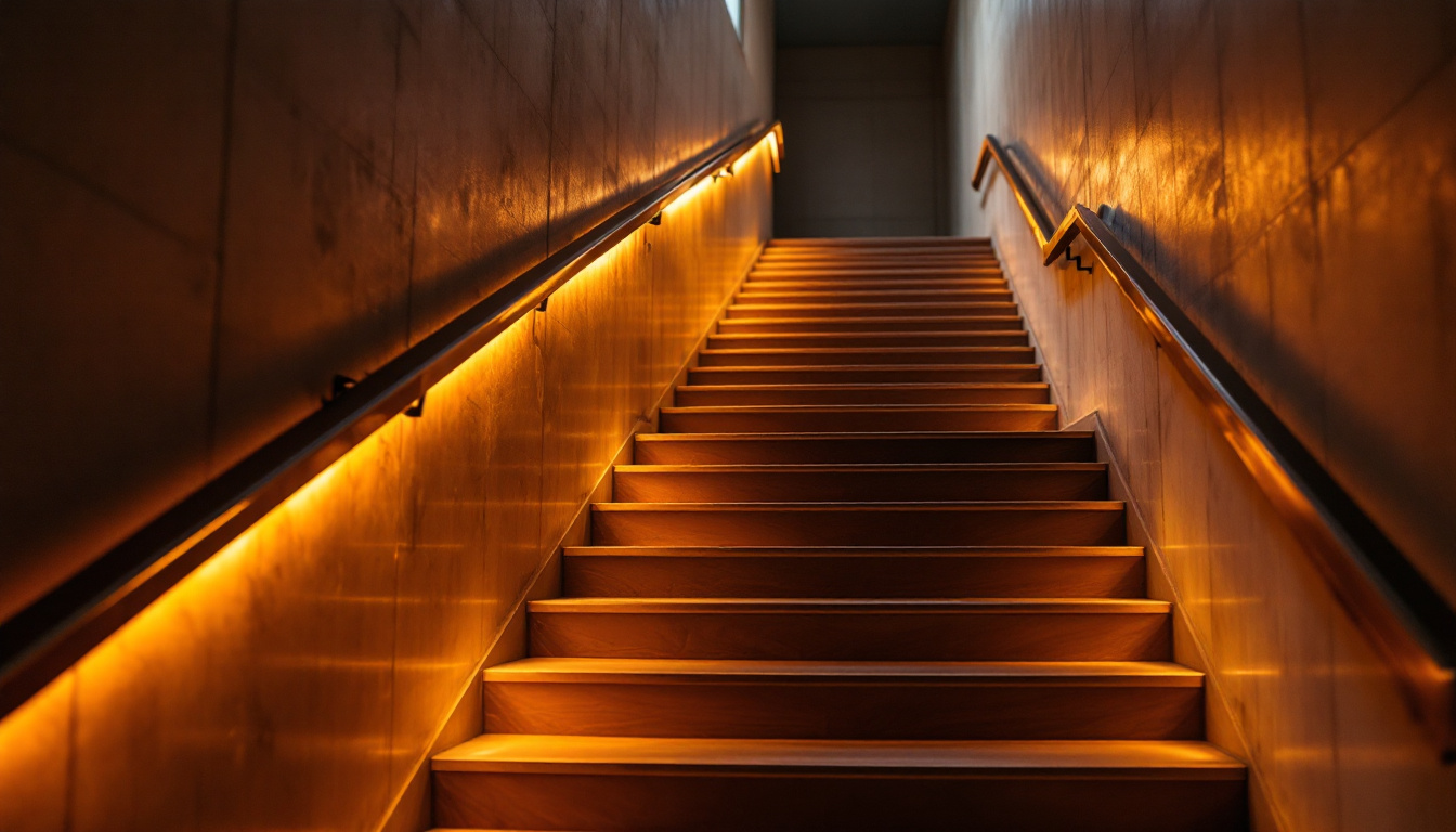 A photograph of a beautifully lit indoor staircase featuring stylish stairway lights