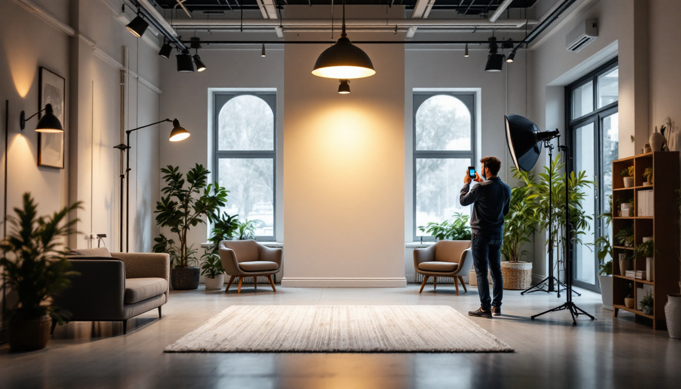 A photograph of a well-lit interior space showcasing various lighting fixtures