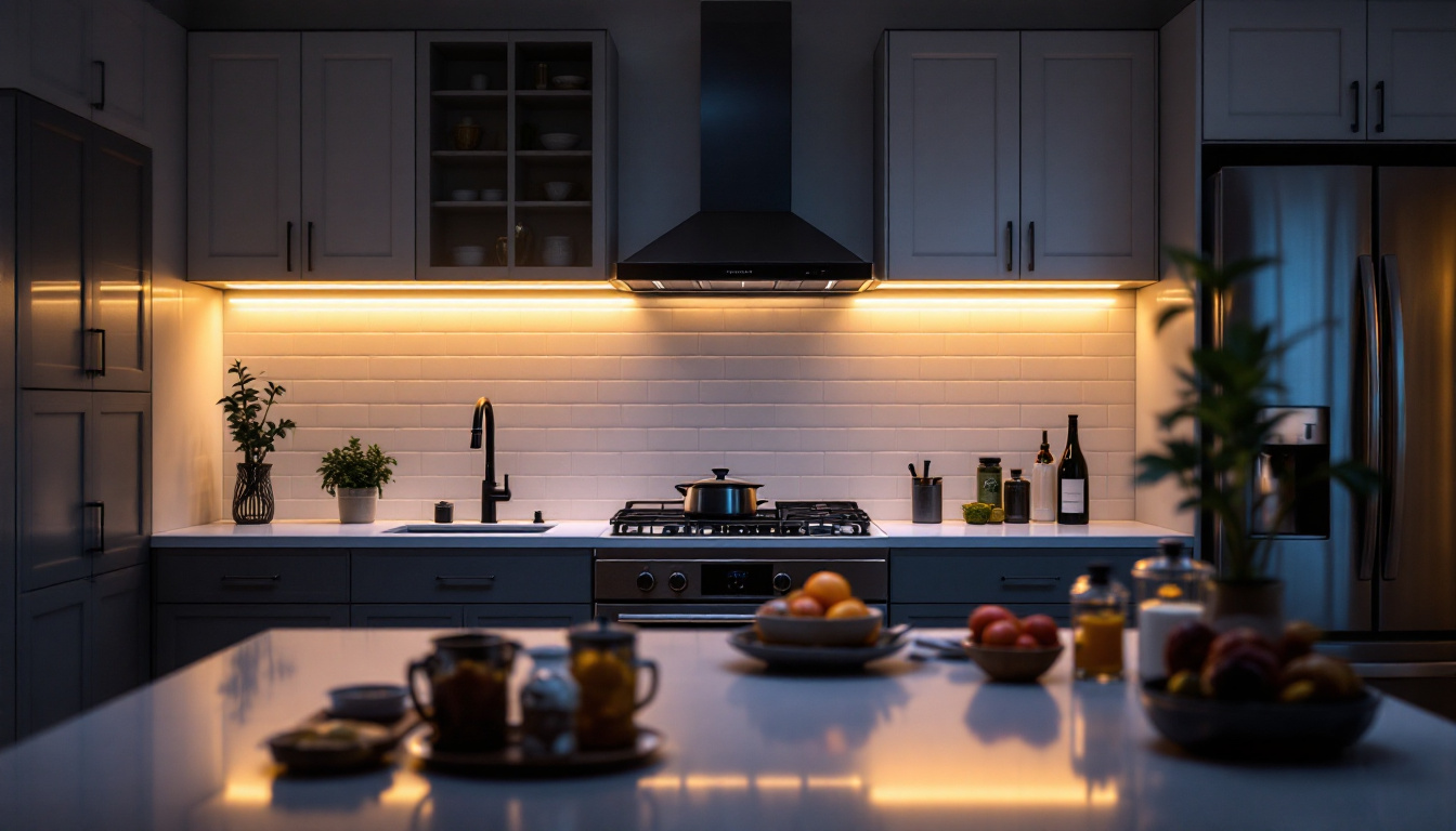 A photograph of a stylish kitchen featuring sleek under-cabinet led lighting that highlights the countertops and enhances the overall ambiance