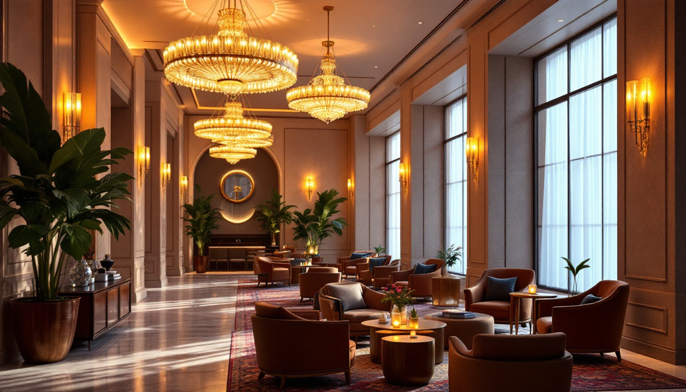 A photograph of a beautifully lit hotel lobby showcasing a blend of ambient and accent lighting